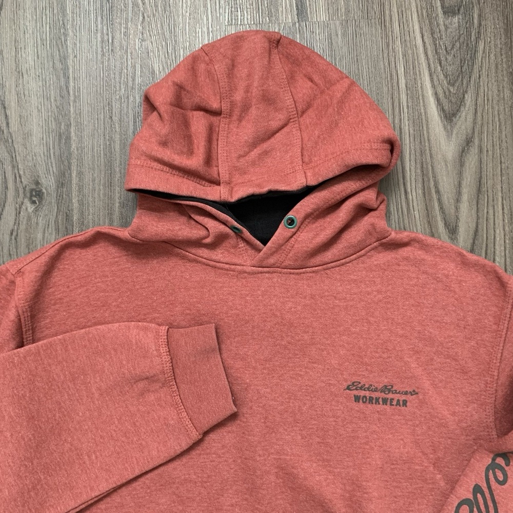 Eddie Bauer Workwear Pullover Hoodie Burnt Red Medium Graphic‎ Print Sweatshirt